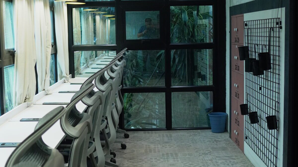 Row of modern ergonomic chairs and white desks in a well-lit coworking space with large glass windows, hanging black lamps, and a green outdoor view.
